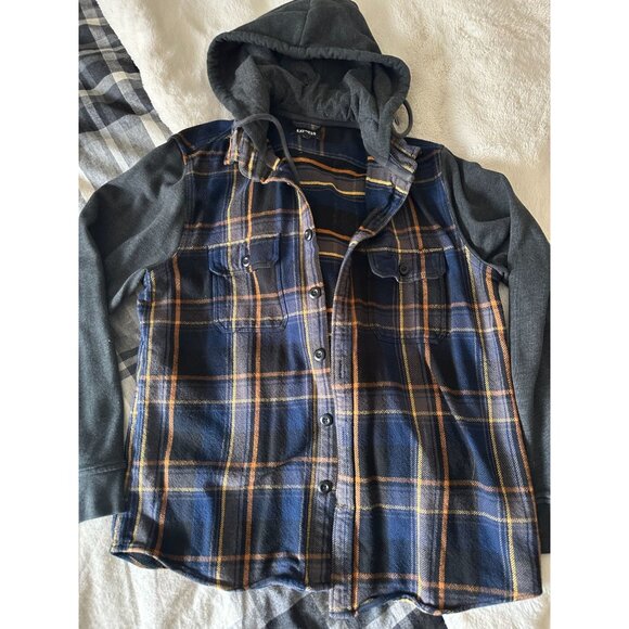 Men's EXPRESS blue plaid hoodie button down shacket jacket gray hood/sleeves Lar - Picture 1 of 5